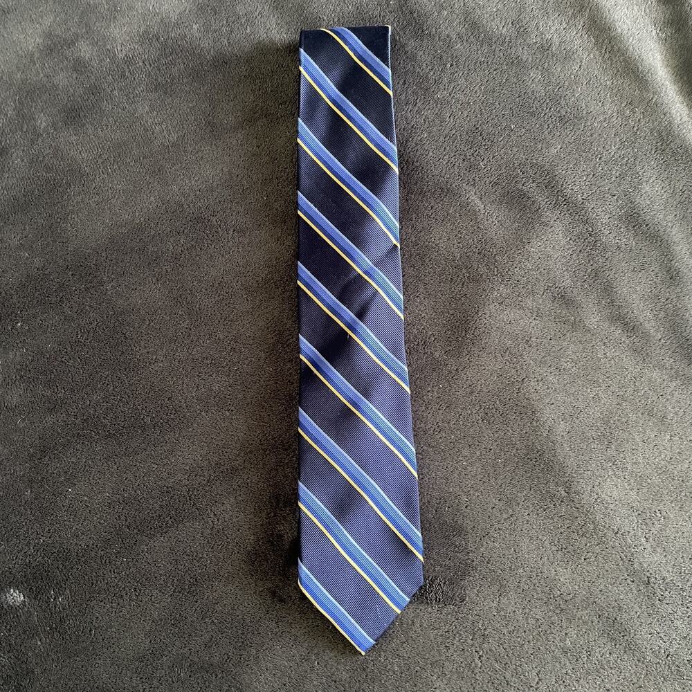 Chaps Men 100% Silk Handmade Traditional Neck Tie  Repp Tie Blue Gold Stripe